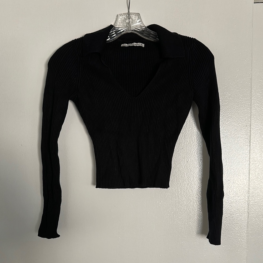 Abercrombie Black Ribbed V-Neck Polo Top